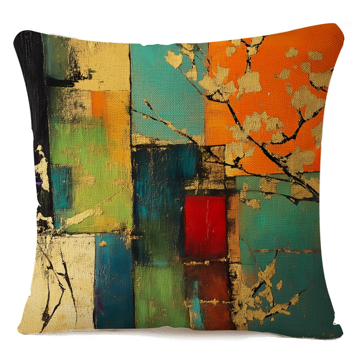 IBILIU Grunge Art Painting Throw Pillow Covers 18X18,Green Red Gold Messy Rust Painting Linen Burlap Cushion Cases Decorative Pillow Cases for Couch Sofa Bedroom