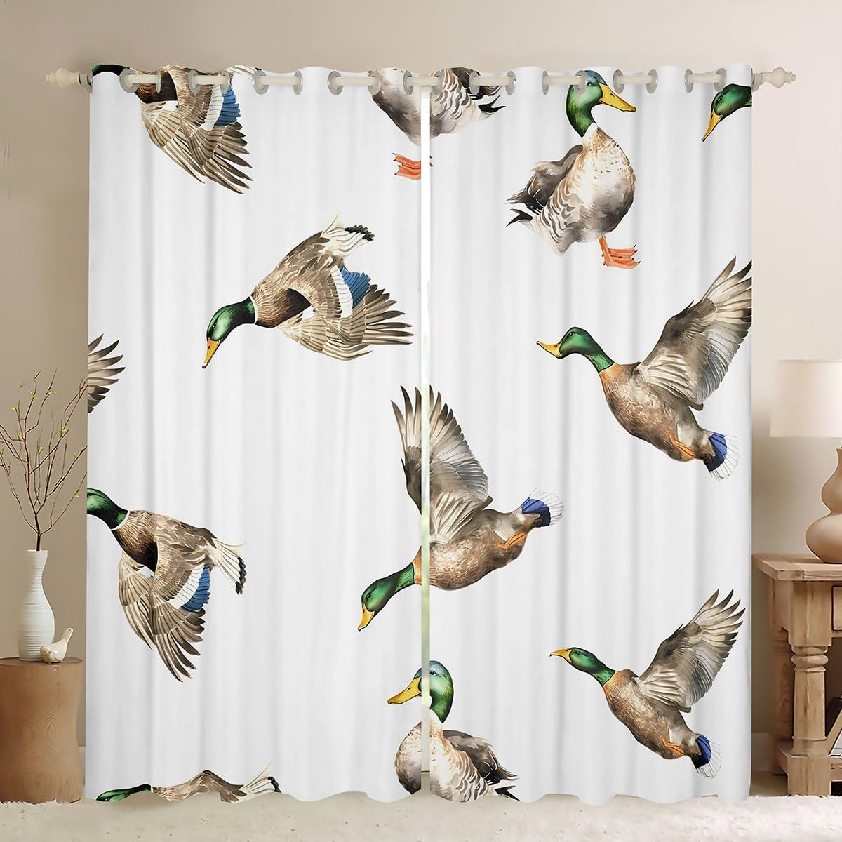 Feelyou Mallard Duck Darkening Drapes Hunting and Fishing Curtains Bedroom Living Room Wild Animal 30%-50% Blackout Curtains Boys Girls Kids Wildlife White Window Treatments (2 Panels, 38 x 45 Inch)