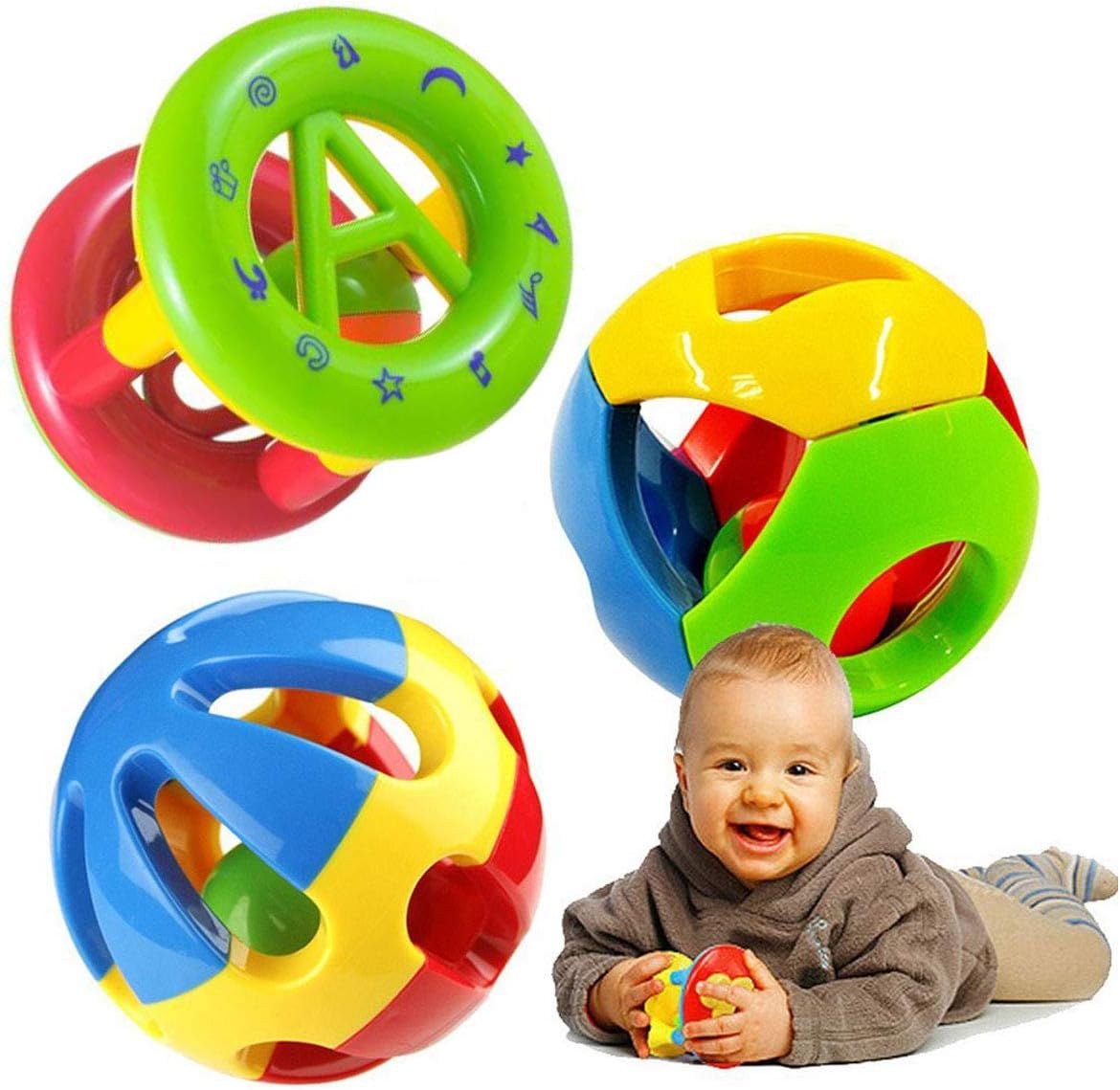 Ramakada Kid's Plastic Non-Toxic, Shake and Grab Ball, Educational and Developmental Toys with Storage Bag Baby Rattles (1 Set - 3 Pcs)