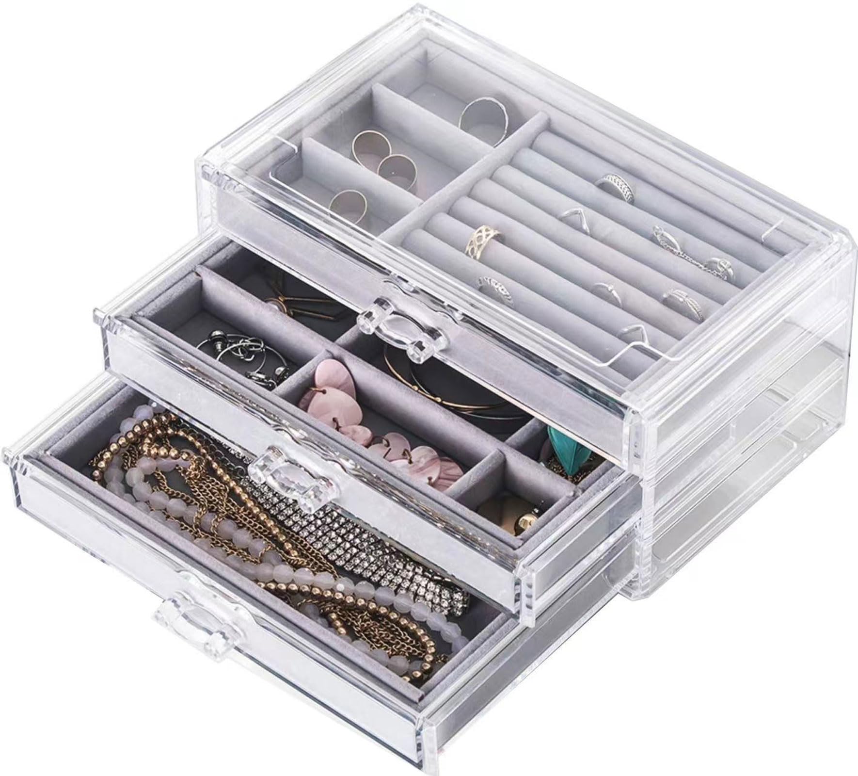 Organizer trasparente per gioielli con 5 cassetti, organizer per orecchini, scatole per gioielli da donna, espositore per orecchini in acrilico per riporre collane, orecchini anelli, grigio
