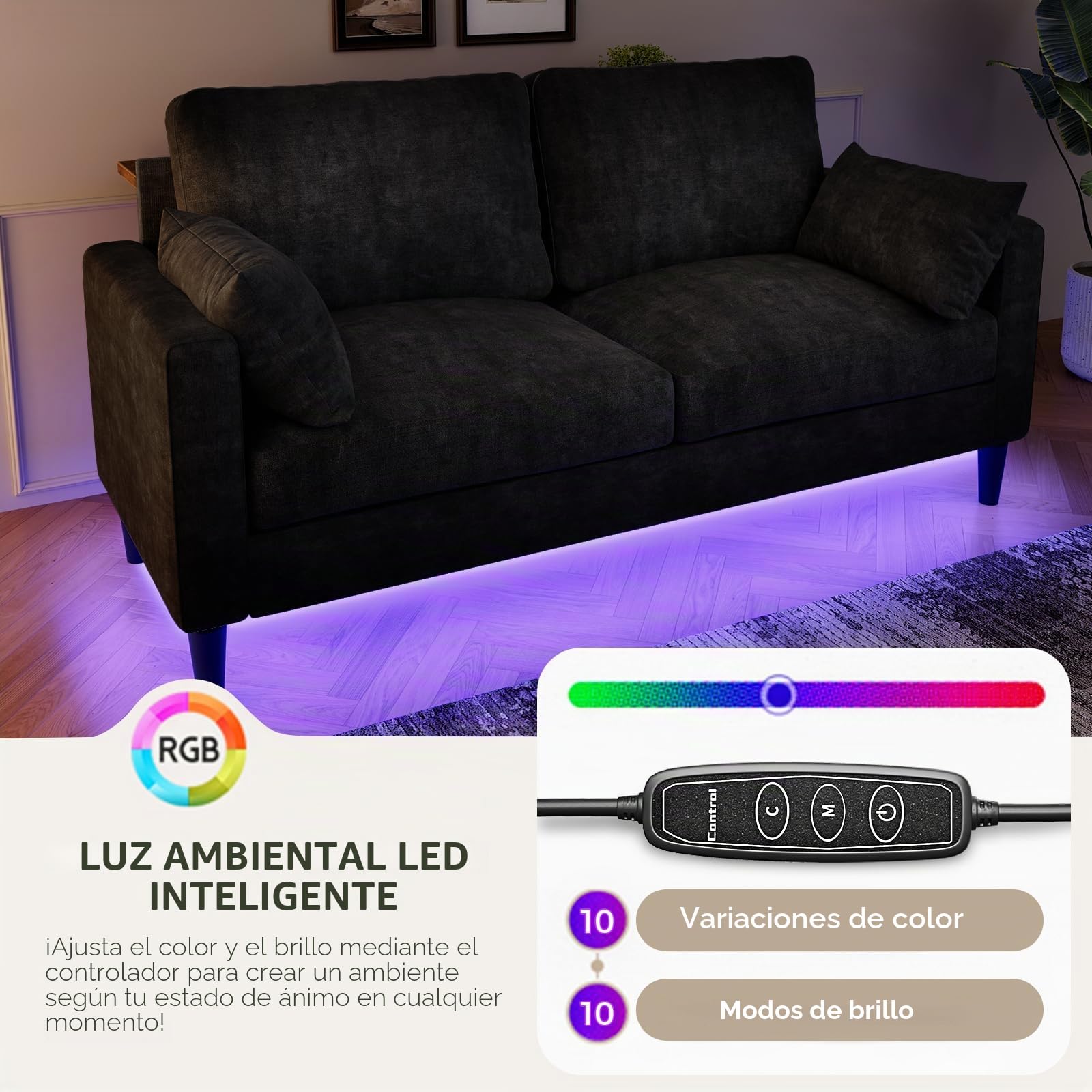 KKL Sofá de 2 plazas con tubos de luz LED y mesa de consola, con 2 puertos de carga CA y 2 puertos USB chenilla para salón, dormitorio, apartamento