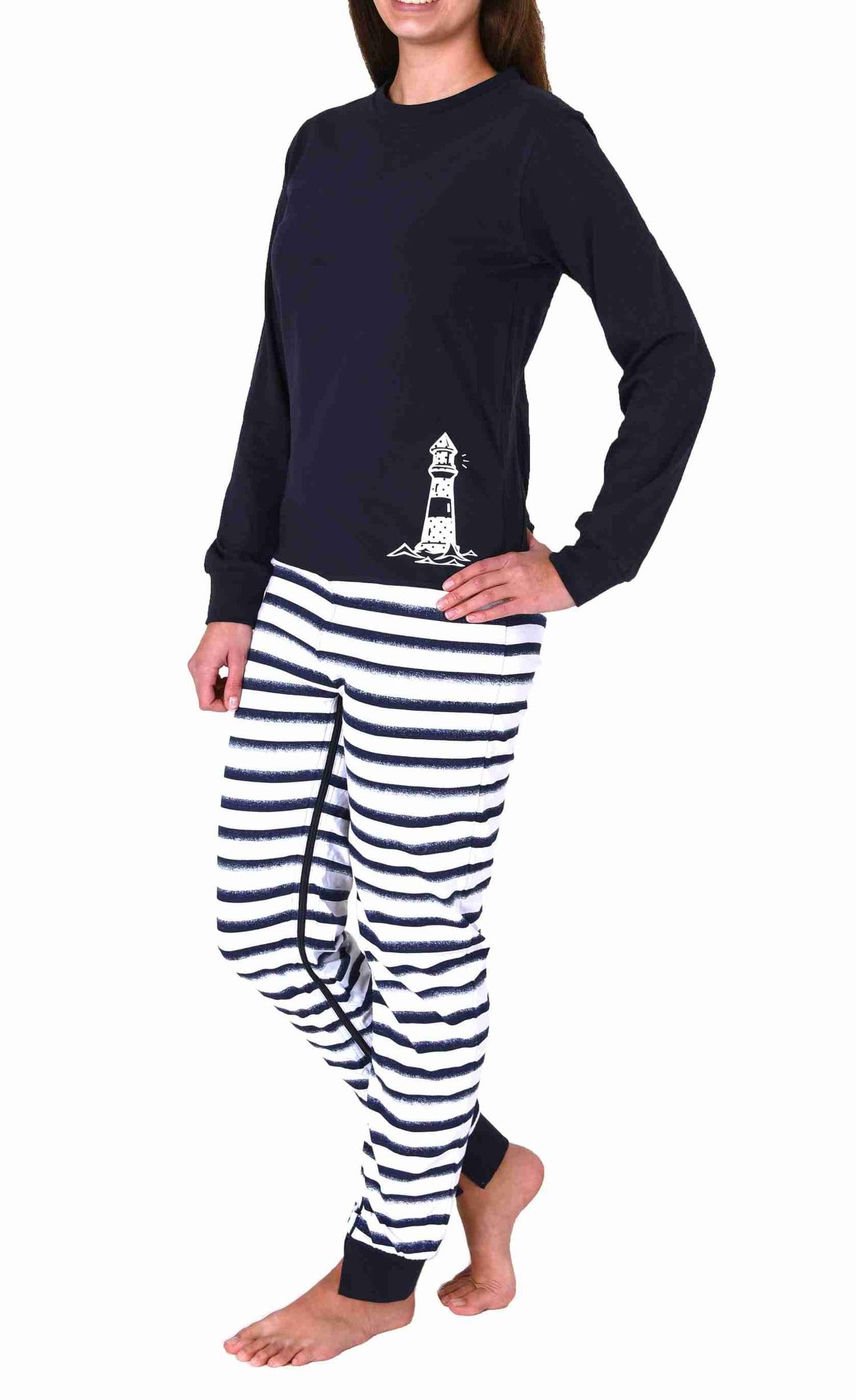 Normann Care Maritimer Damen Pflegeoverall Langarm Schlafanzug mit Reissverschluss am Rücken und Bein