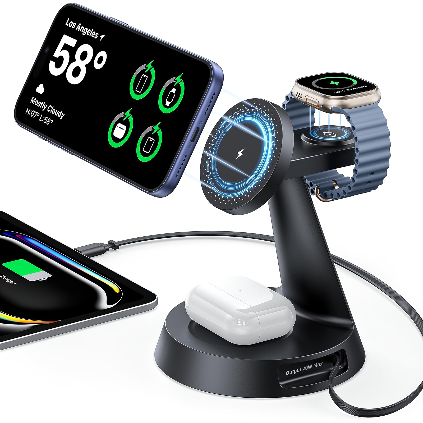 Meifigno 4 in 1 Magnetic Wireless Charger with Retractable Cable