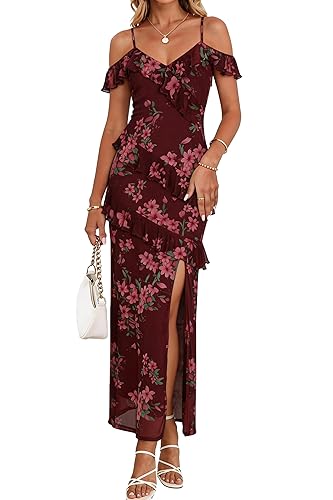 Women's Cold Shoulder Short Sleeve Split Thigh Boho Long Dress