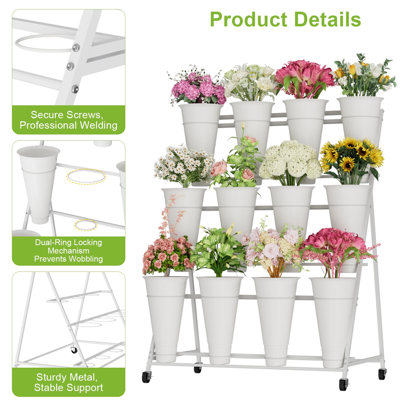 Espositore per fiori a 3 livelli con 12 secchi, doppio cerchio senza agitazione, carrello per fiori da esterno con ruote per casa, patio, giardino, negozio, matrimoni, feste, mostre, interni, bianco