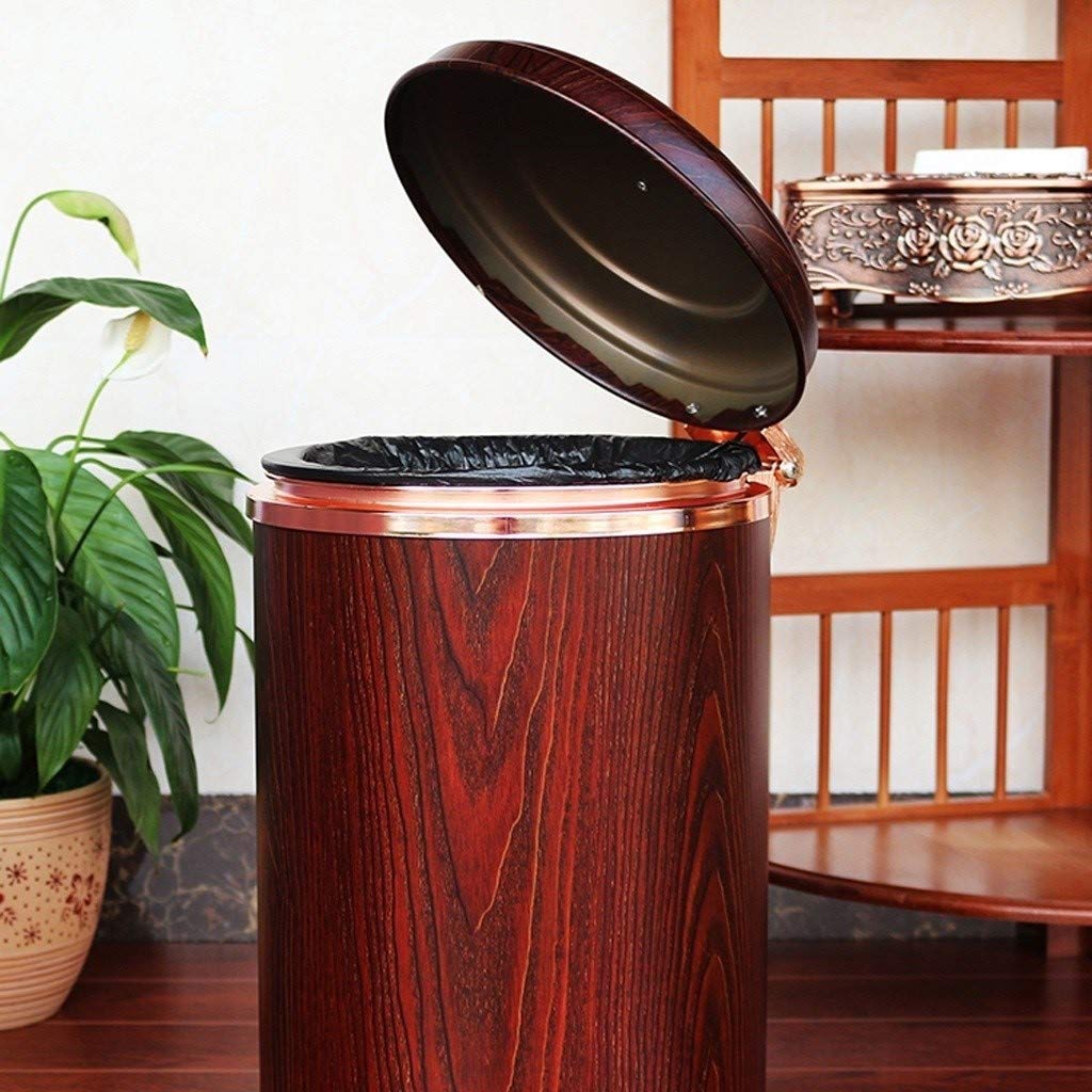 Dustbins 10 Liter Step Trash Can Imitation Mahogany Meatl Round Wastebasket Garbage Container Bin with PP Liner Bucket for Bathroom Kitchen Office Waste Recycling (Size : 10L) (10L)