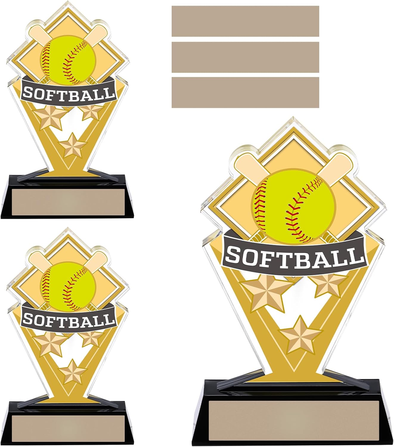 Gerrii Acrylic Trophies Awards with DIY Name Stickers Pack of 3 Champion Trophy Medals Team Reward Gift for Basketball Softball Baseball Competition Contest Tournament, 5.8/6.14/6.38inch