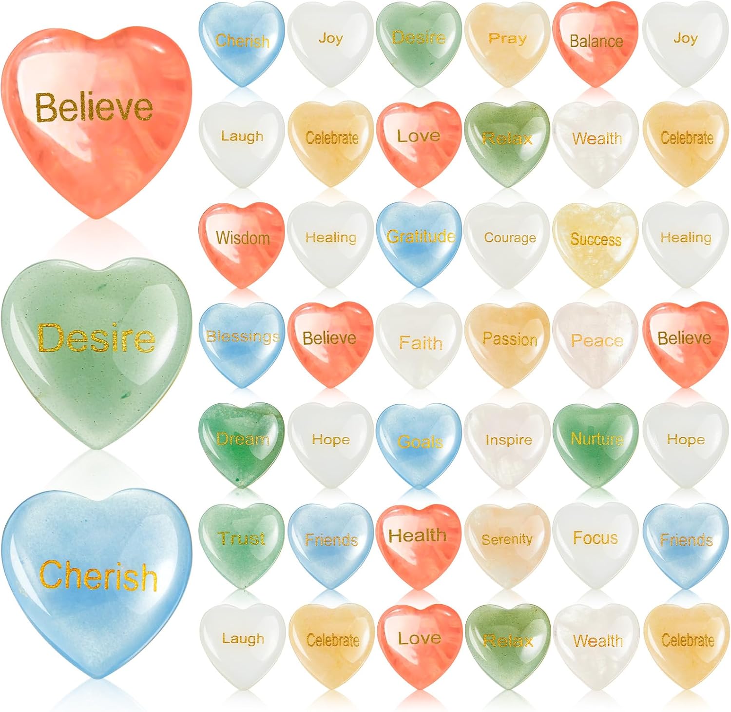 Fabbay 60 Pcs Engraved Inspirational Stones with 30 Different Words, Heart Encouragement Gift Stones Bulk for Friends Family Praying and Decoration, Birthday Valentine's Day Gift (0.8 Inch)