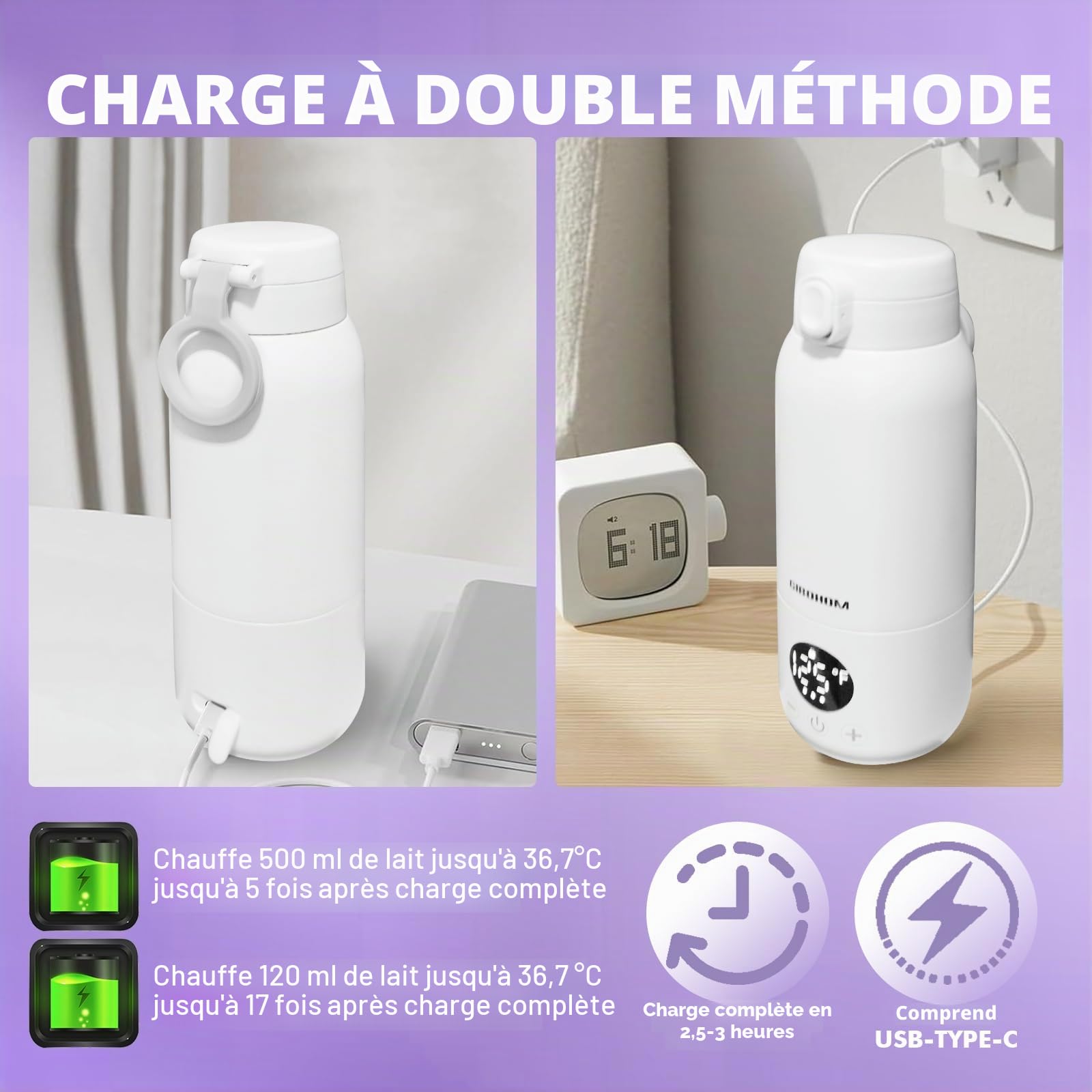 Chauffe Biberon Nomade de 500ml Grande Capacité, Chauffage Rapide Chauffe Biberon Portable Sans Fil, Charge rapide Chauffe Biberon Voiture et USB Type-C Câble, pour Maison, Voyages