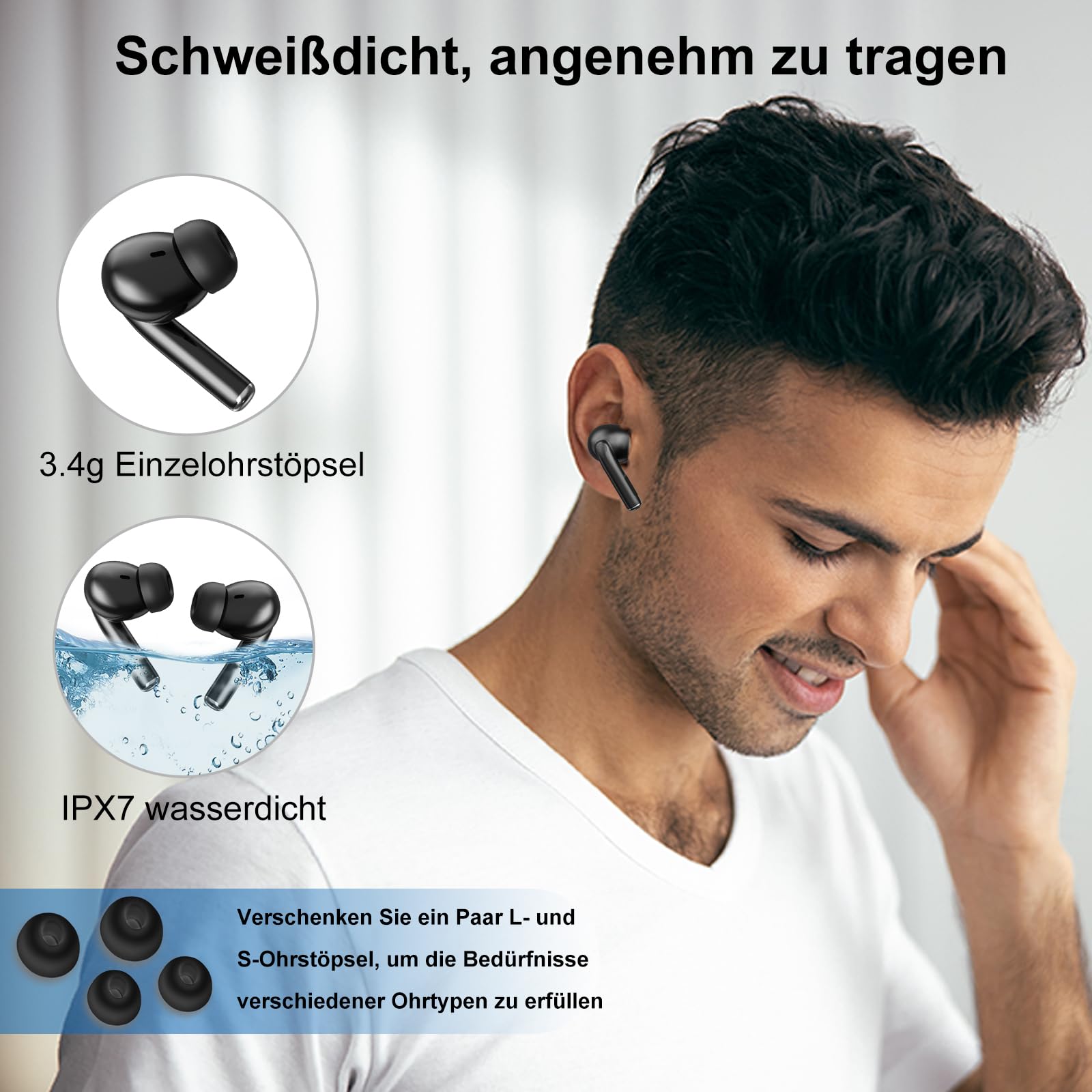 Touchscreen Bluetooth Kopfhörer Mit ANC & ENC, 48 Std Spielzeit, IPX7 Wasserdicht – Kabellose In-Ear Ohrhörer Mit 5 EQ-Modi, USB-C, Weiß
