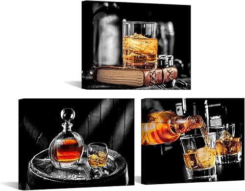 iKNOW FOTO Juego de 3 lienzos de pared con diseño de whisky blanco y negro de 12 x 16 pulgadas, enmarcados, para decoración de pared de bar, sala de