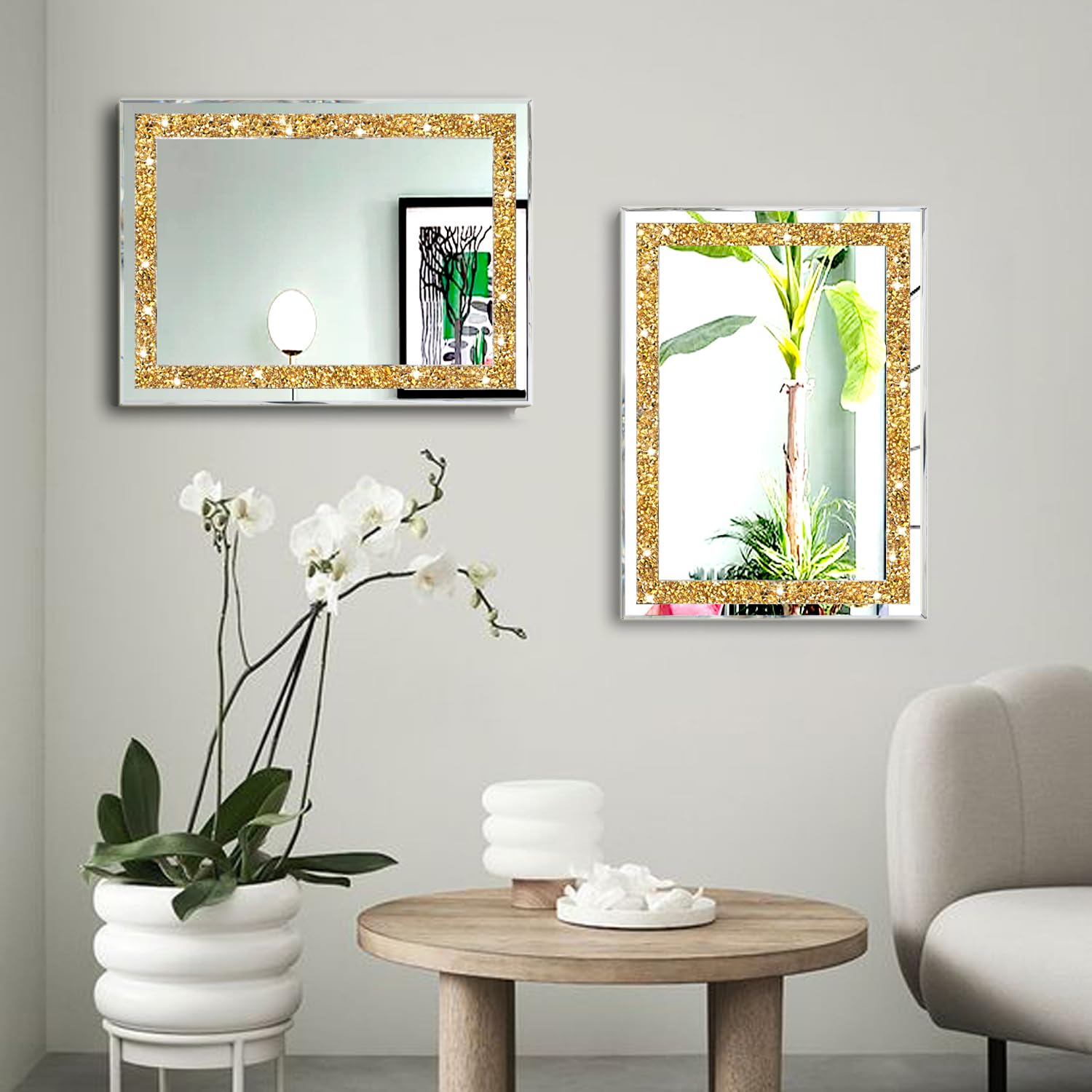 ZOLAPI Lot de 2 miroirs muraux en cristal avec strass et diamants pour couloir, accents dorés, pour salle de bain, chambre à coucher, 27,9 x 38,1 cm
