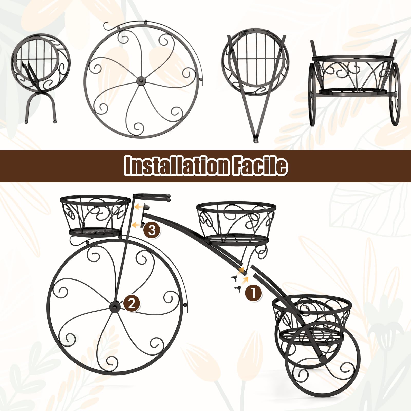 COSTWAY Support pour Plantes Tricycle, Porte-Pot de Fleurs en Métal à 3 Niveaux avec 3 Panier Découpés et Roues Élégantes Style Parisien, pour Patio Jardin Balcon (Noir)