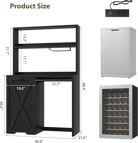 Miniatura 2 de Armario de barra de café con espacio para refrigerador, mini gabinete de nevera con tomas de corriente y soporte para vidrio, mini soporte para