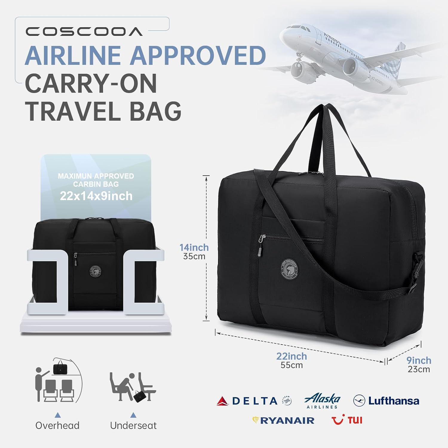 Carry On Luggage 22x14x9 Airline Approved,Lightweight Duffle Bag for Travel, Waterproof Weekender Overnight Bags for Traveling Airplane for Women and Men 40L