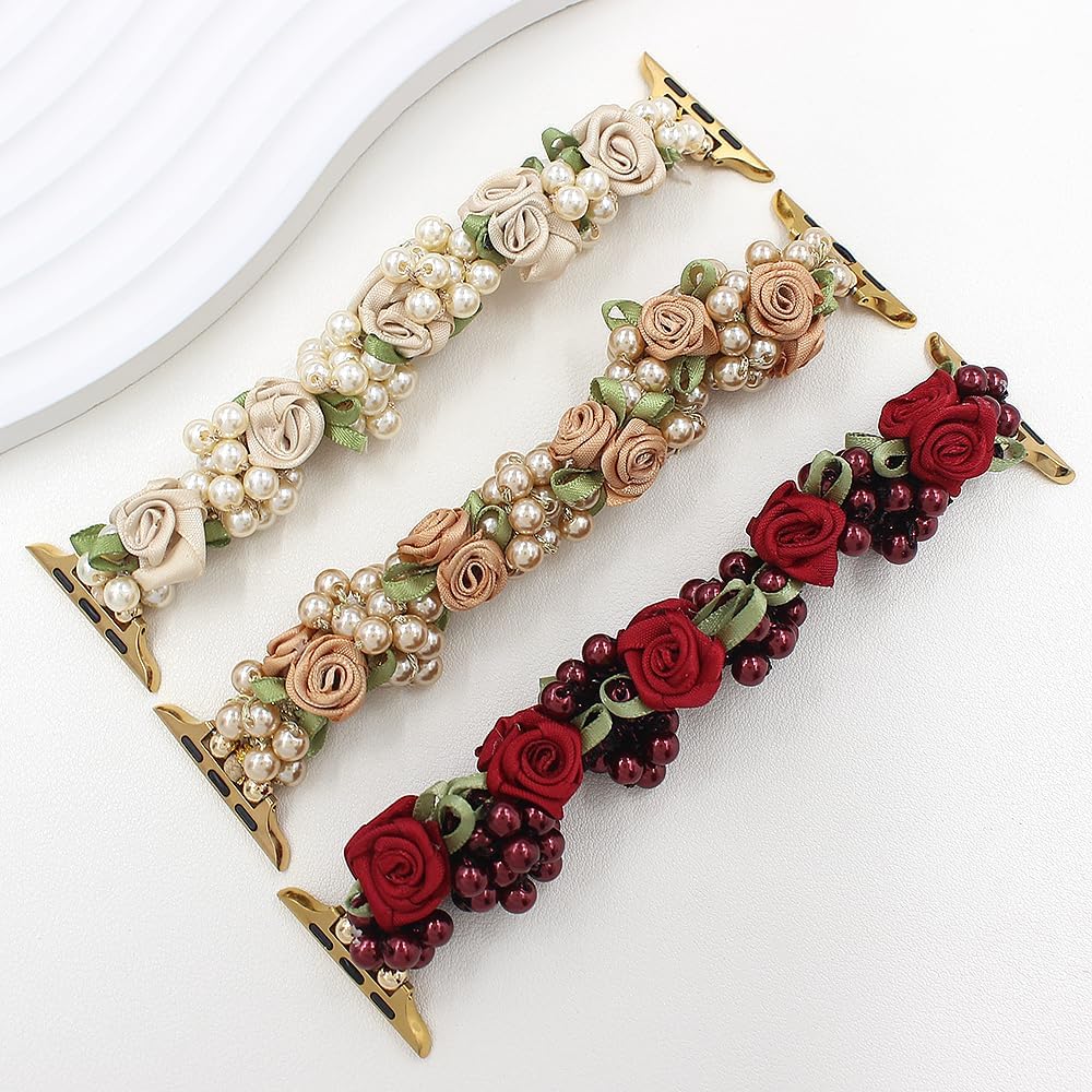 Stretchy Pearl Beaded Floral Band Compatible with Apple Watch 42/44/45/46/49mm 38/40/41mm Women,Elastic Wedding Rose Flower Wristband for iWatch Series 11 10 9 8 7 6 5 4 SE/Ultra 3 2 1 - Image 6