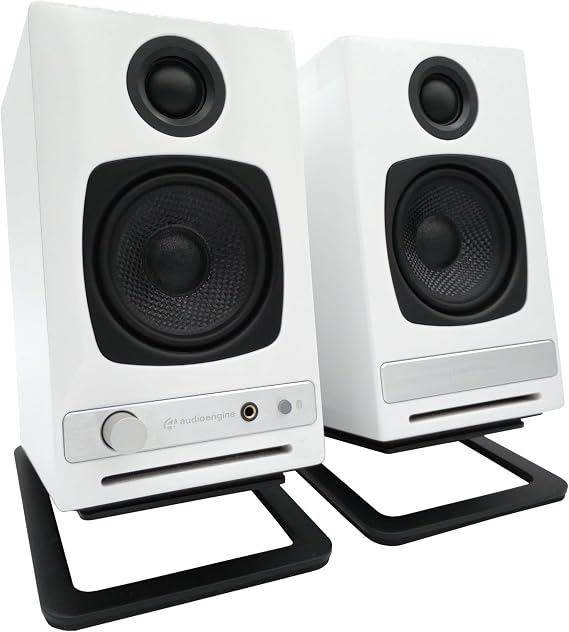 Audioengine A2 HD (HD3) White Bluetooth Desktop Speakers and DS1M Metal Stands