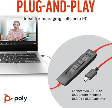 Poly Blackwire 3310 Wired Headset (Plantronics) Flexible Microphone Boom Monaural Design - Connect to PC/Mac via USB-C or USB-A - Works w/Teams, Zoom -