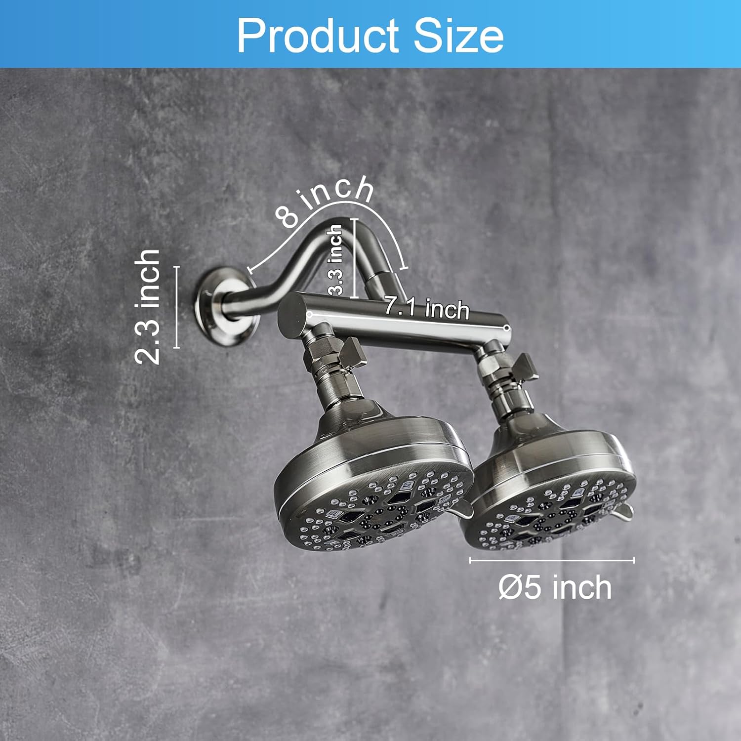 Double Shower Head with Shut-off Valve and Shower Arm 2 Showerhead Set High Pressure 7 Function Dual Shower Heads Combo Set Wall Mount, Brushed Nickel