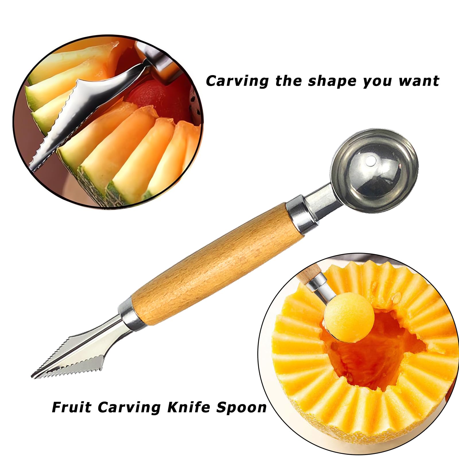 Juego de bolas de melón de acero inoxidable de doble extremo con mango de madera, herramientas de tallado de frutas, formas de cortador de frutas