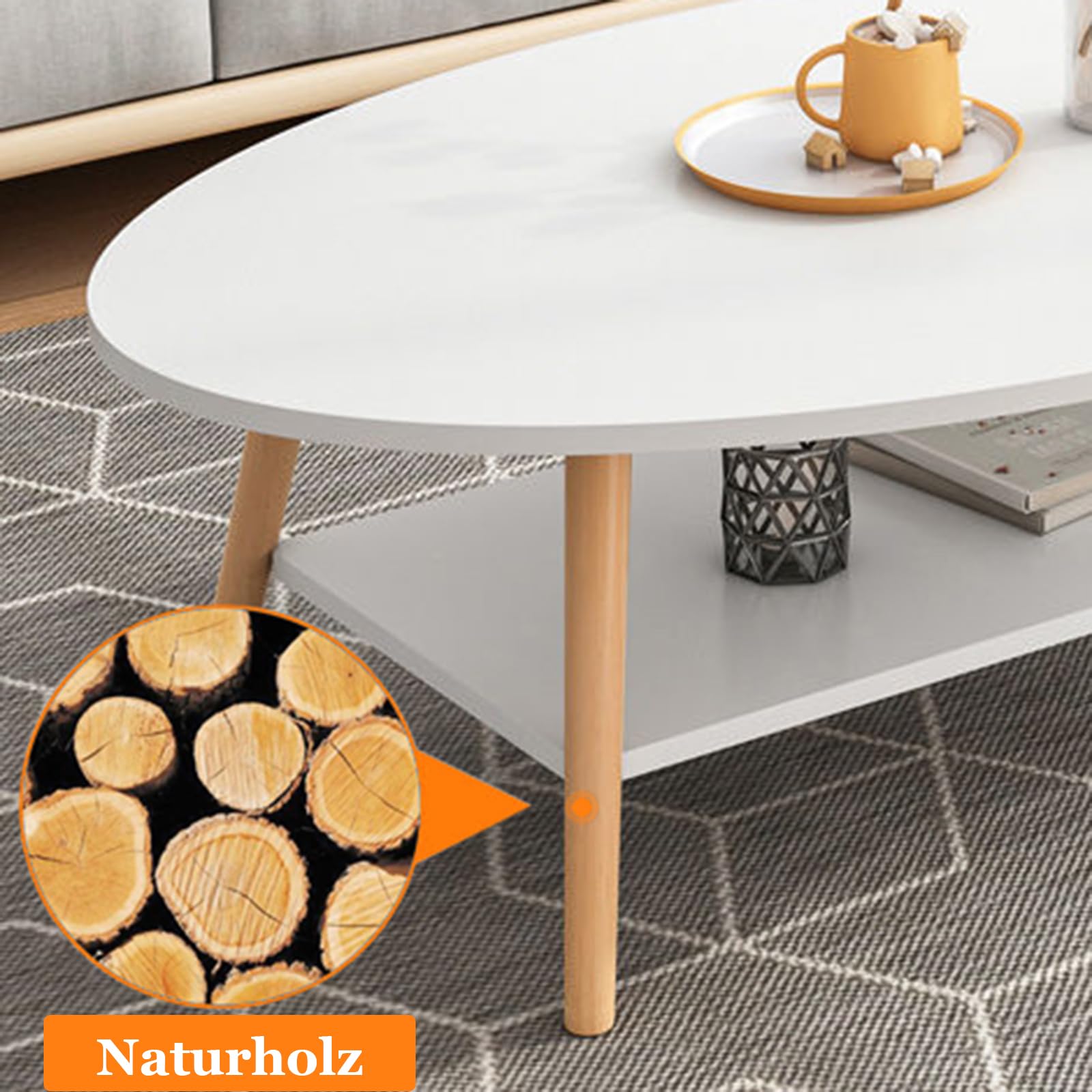 Table basse double couche en bois blanc, table de salon ovale, pieds de table en bois de pin, tables basses (100 x 50 x 40 cm)
