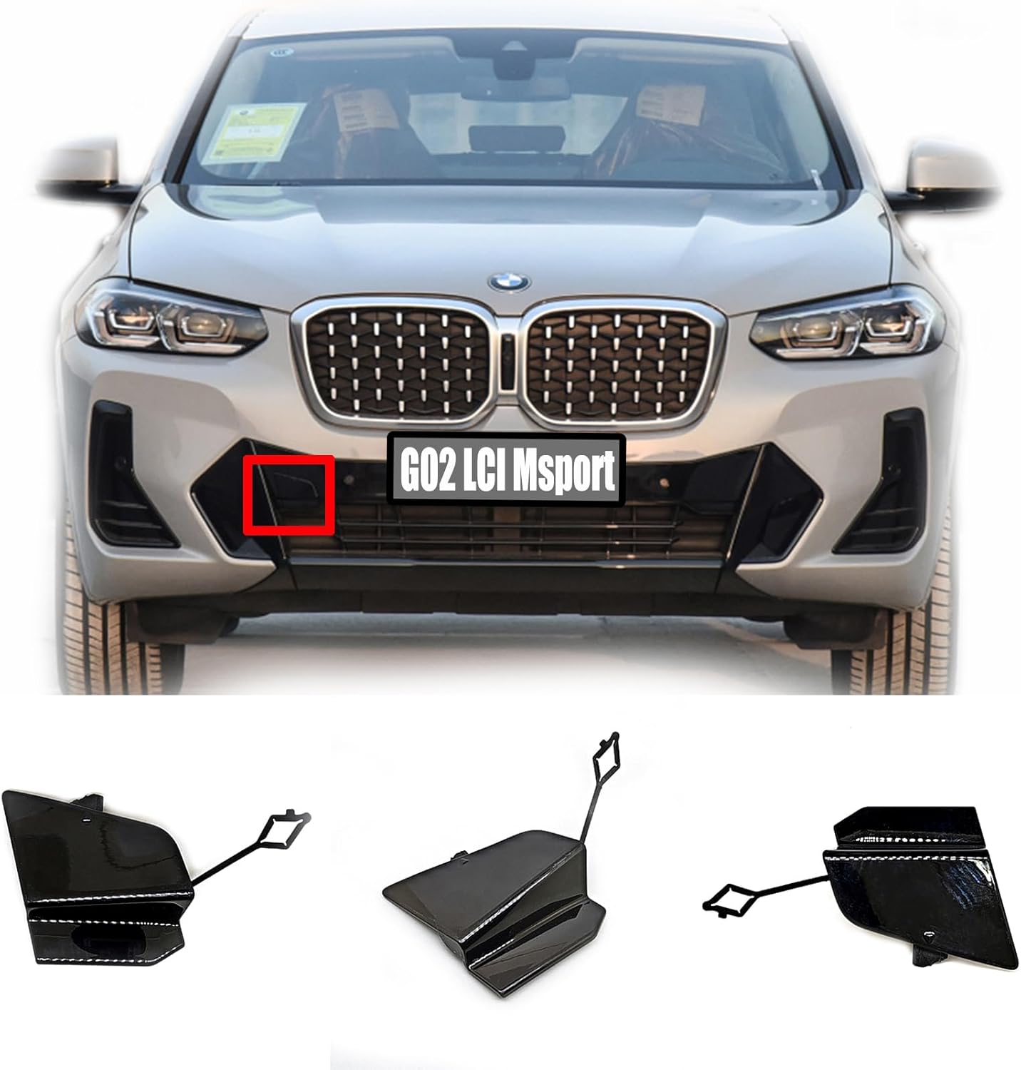 Front Tow Cover for 22-24 BMW X4 G02LCI Msport Fit 20dX 20iX 25dX 30dX 30iX M40dX M40ix xDrive sDrive 2022 2023 2024 SAC Bumper Towing Hook Eye Cap
