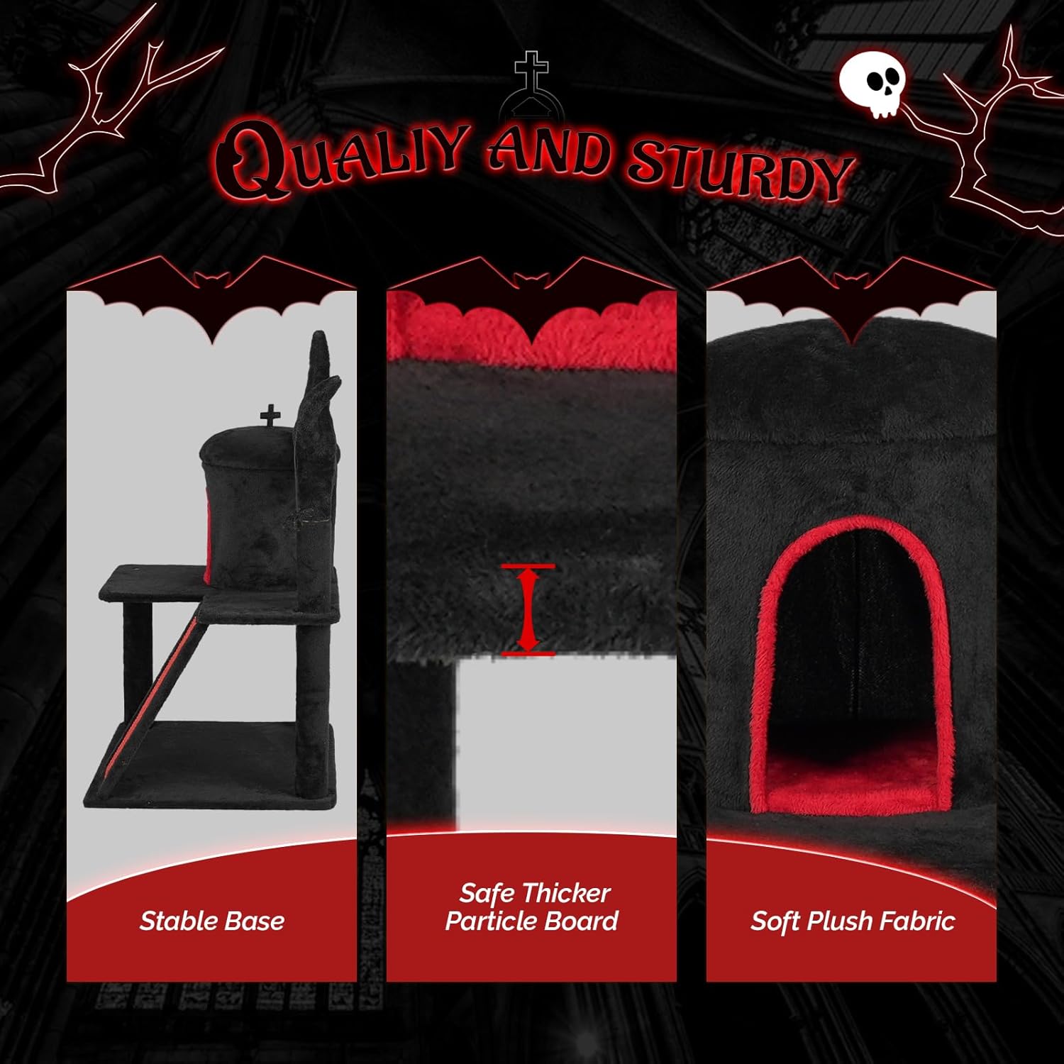 VINGLI 41.8in Gothic Cat Tree, Halloween Cat Tower for Indoor Cats with Dome Cat Condo, Branch Shaped Sisal Scratching Post, Ladder Scratcher & Hanging Spider Toy, Red & Black Cat Furniture