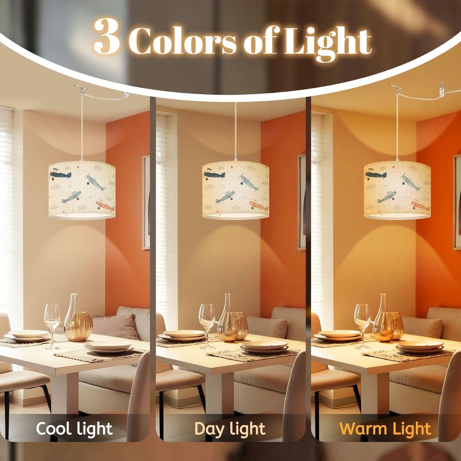 Boho Plug in Pendant Light Cute Kids Watercolor for boy Airplanes Clouds 16.4ft Hanging Light with Plug in Cord Dimmable Hanging Lamp with Fabric Shade for Kitchen Island