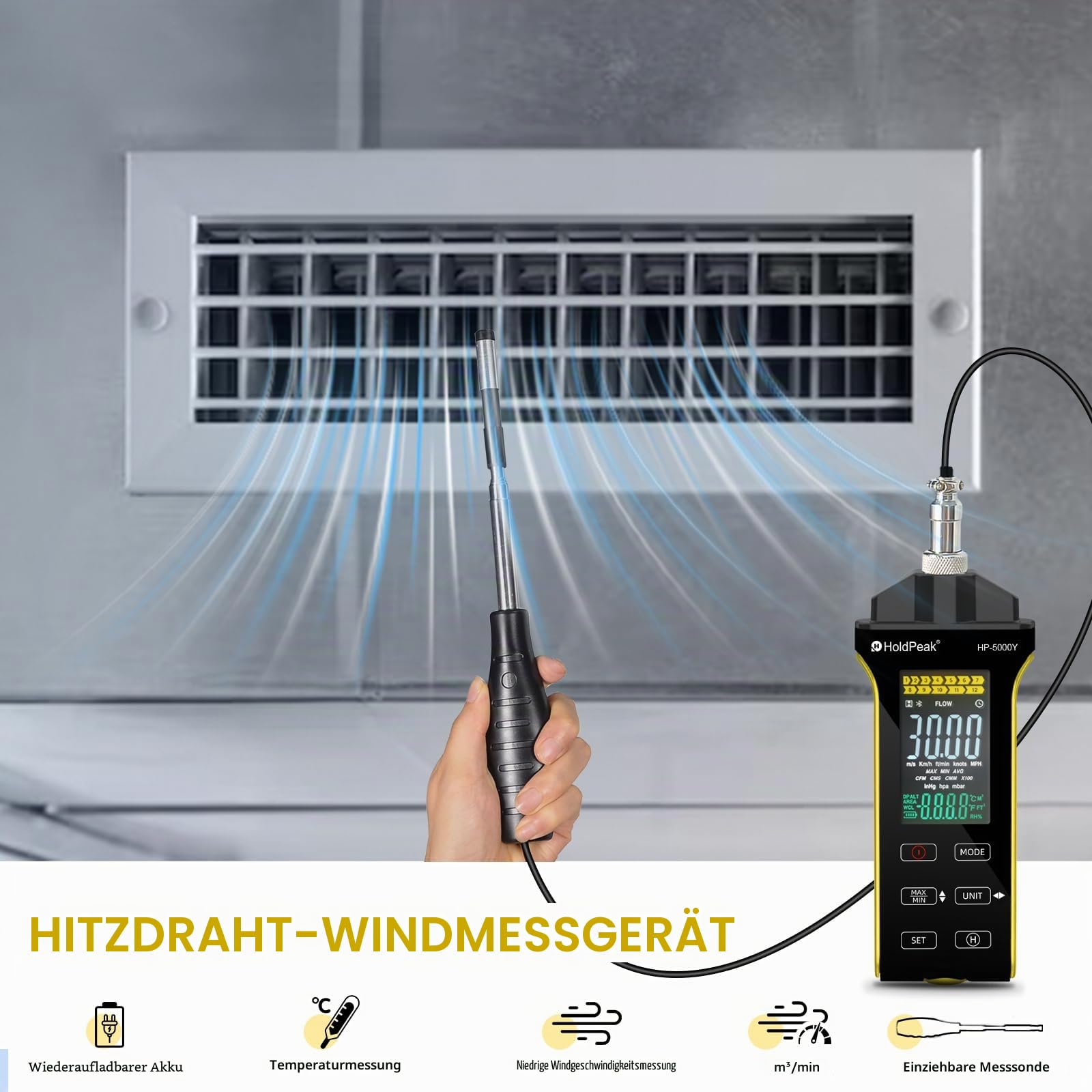 HOLDPEAK Profi-Heißdraht-Anemometer – Präzises digitales Windgeschwindigkeits-Messgerät für CFM/CMM, mit Temperaturmessung, Teleskopsonde, beleuchtetem Display und USB-Datenexport
