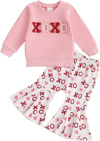 Toddler Baby Girl Valentines Outfit Letter Embroidery Crewneck Sweatshirt Top Heart Flare Pants Clothes Set