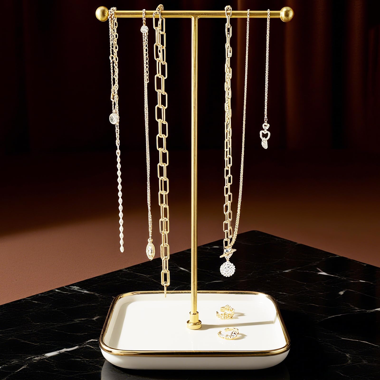 Hqshny Women's Classic White Jewellery Stand Holder - Ceramic Base Square (6 Inches/15Cm Side Length), 1Ft/30Cm Height Necklace Organiser, Jewelry Display For Necklace, Bracelets, Rings, Earring, And Pendants-Claasic White