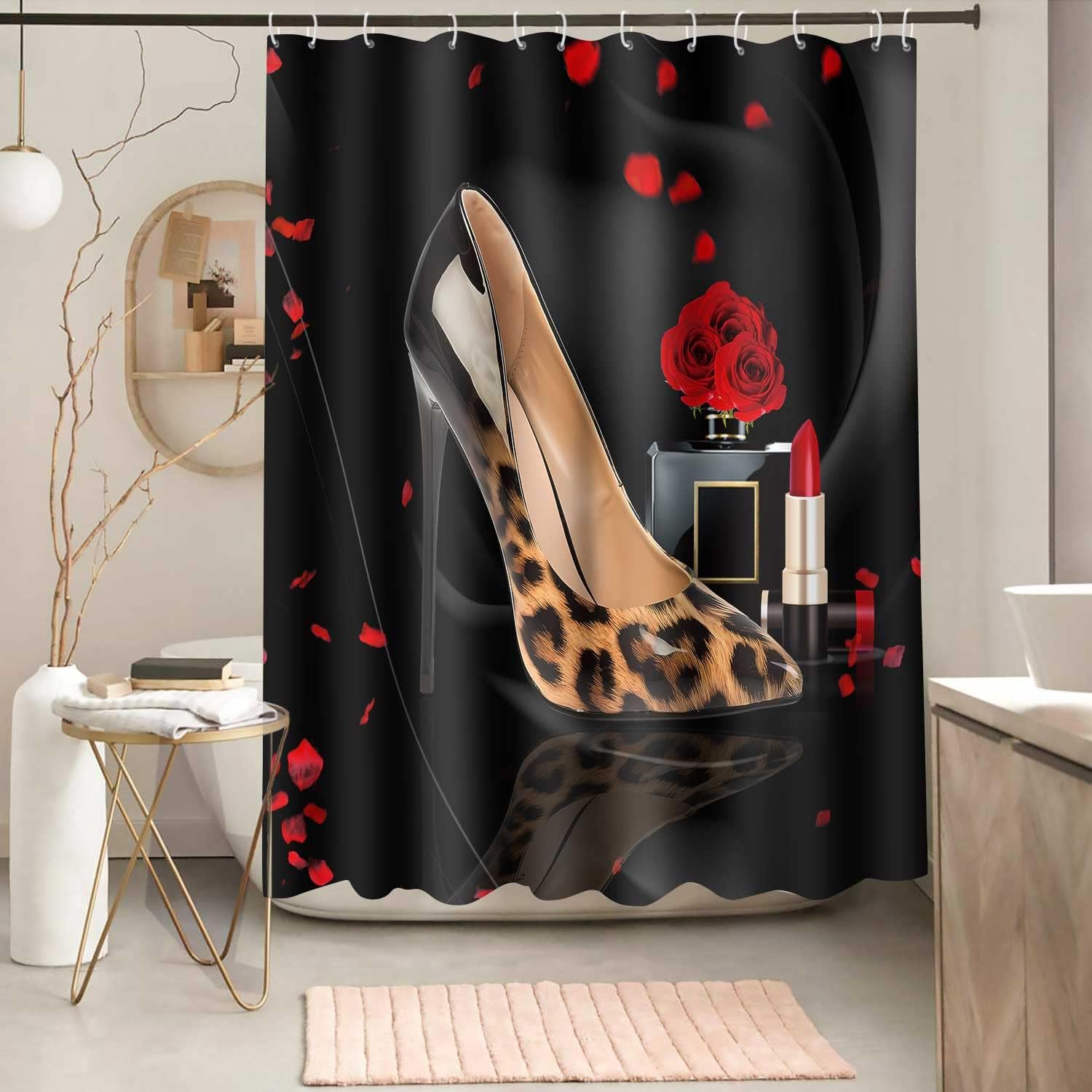 Leopard Style High Heel Shower Curtain, Romantic Red Rose Valentine's Shower Curtains, Lipstick Perfume Rose Petals Women Girl Elegance Bathroom Curtain Waterproof Polyester Fabric 72x72 Inch