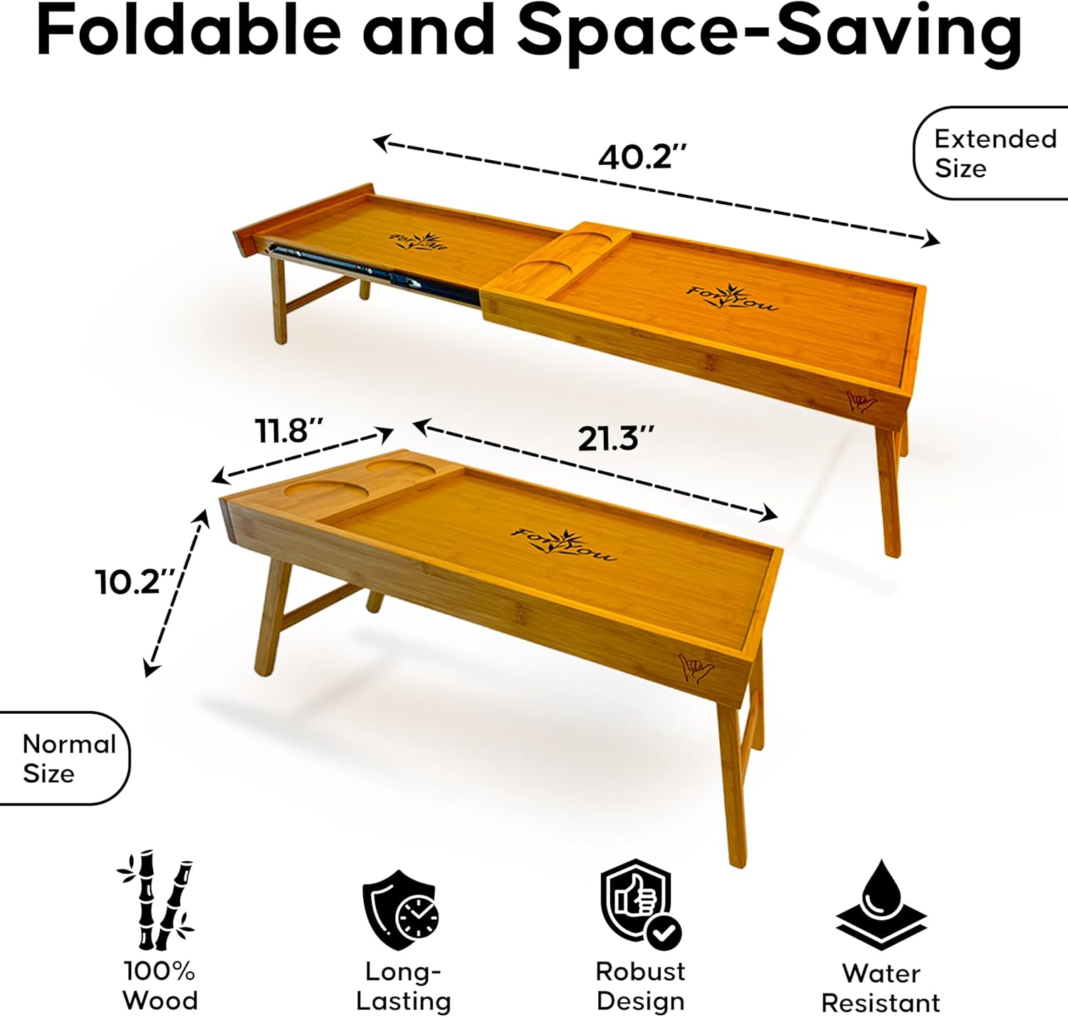 Breakfast Bed Table Tray for Two - One Piece, Dual Use Couple Bed Tray w/Cup Holder - Food Trays for Eating on Couch, Space Saving Breakfast Table w/Metal Rail - Gift Ready - Bamboo Wood