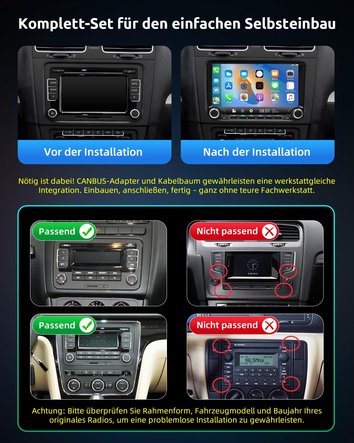ESSGOO Android 14 Autoradio für VW Golf 5/6, T5, Passat, Polo, Touran, Tiguan, Caddy, Seat – 9" Touchscreen mit Wireless CarPlay/Android Auto, Plug & Play, 4+64GB, GPS Navi, Bluetooth
