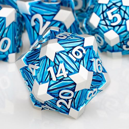 ORIFANTOU Juego de dados de metal de 7 piezas DND con caja, dados D y D azules para RPG Debris para juegos de mesa D&D, juego de rol, juego de dados