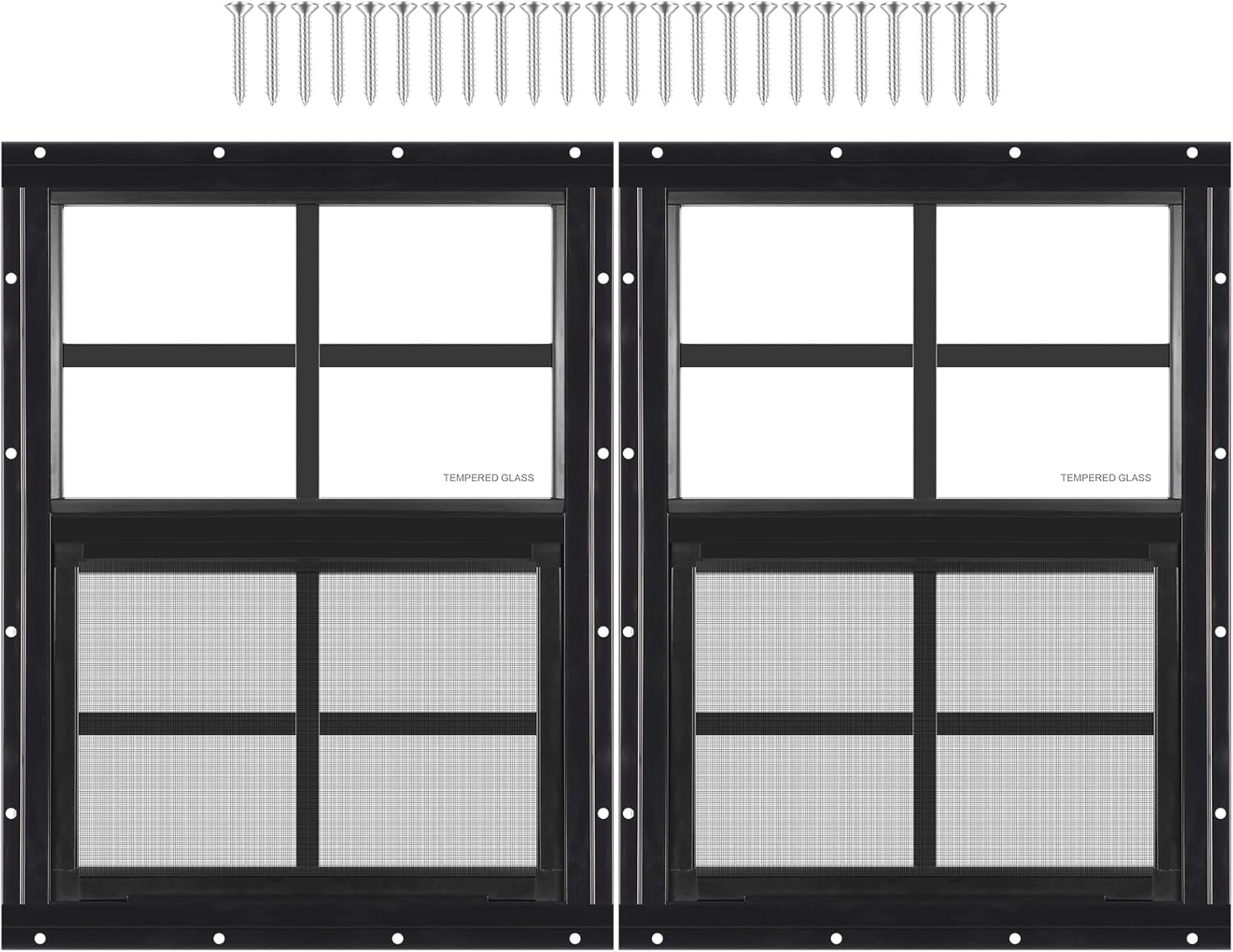 2 Pack Shed Window 12" W x 16" H, Black Flush Mount Window with Tempered Glass and Removable Screen for Playhouses, Sheds, Garage and Chicken Coops