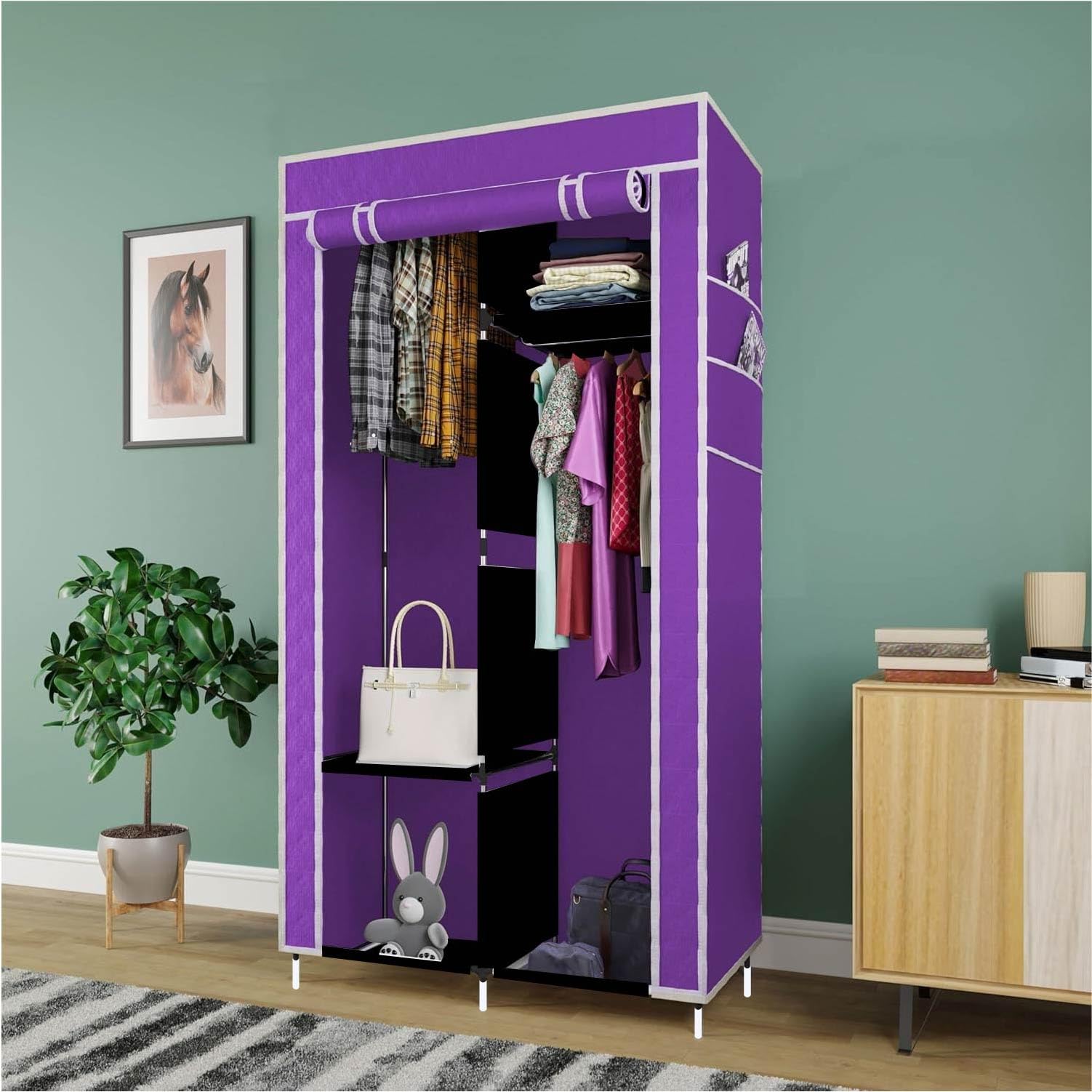 GTC Wardrobe with Plastic Frame | Portable Closet with 4 Shelves & Side Pockets | Non Woven Cover | Ideal for Clothes, Shoes & Accessories (Purple) 26x13x61Inch (8800-4)