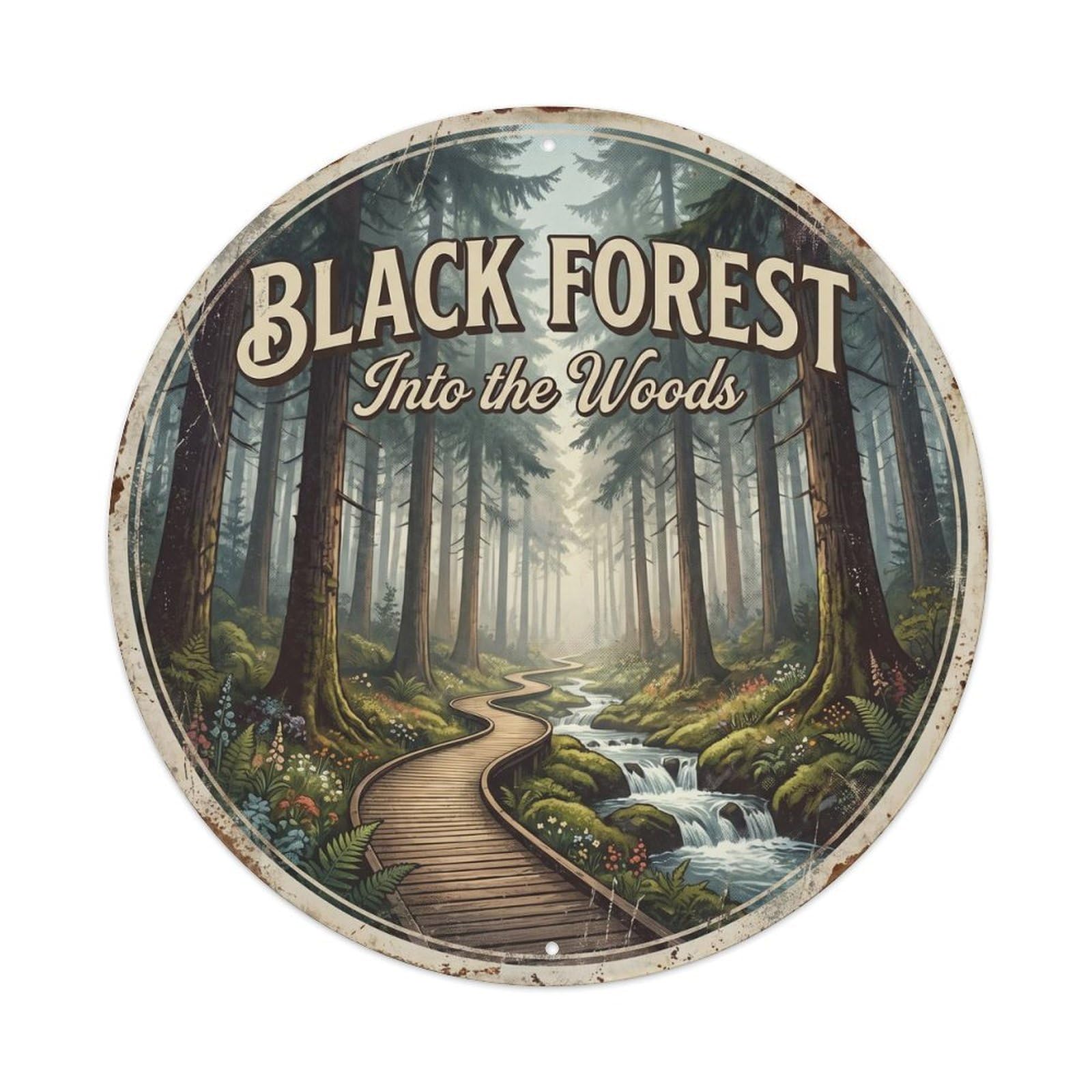 Vintage Travel Black Forest Germany Woodland Metal Tin Sign Plaque Wall Decor for Cafe, Club, Garden Round Metal Poster 8x8Inch