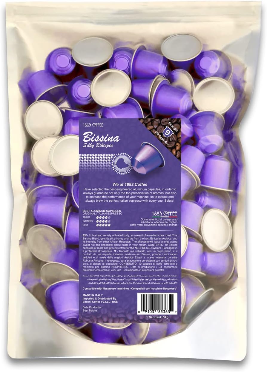 MUST 100 Coffee Capsules in 100% Aluminum Recyclable to Infinity, Robust and Velvety Blend Intensity 5/5, Box with 100 Loose Capsules Compatible with Nespresso Machine, Made in Italy