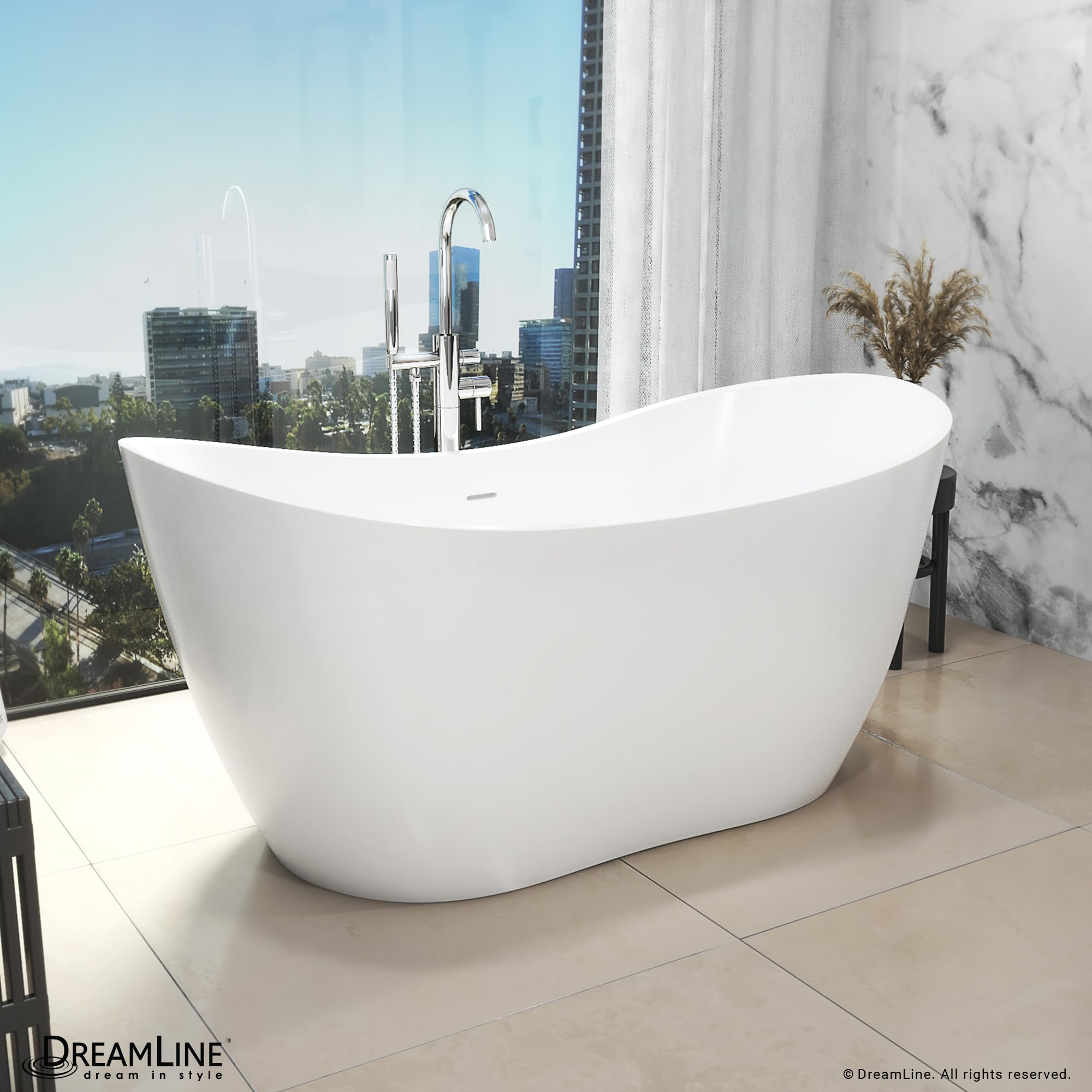DreamLine BTNL5928FFXXC Nile 59" Free Standing Acrylic Soaking Tub with Center Drain and Overflow - White/Satin Black