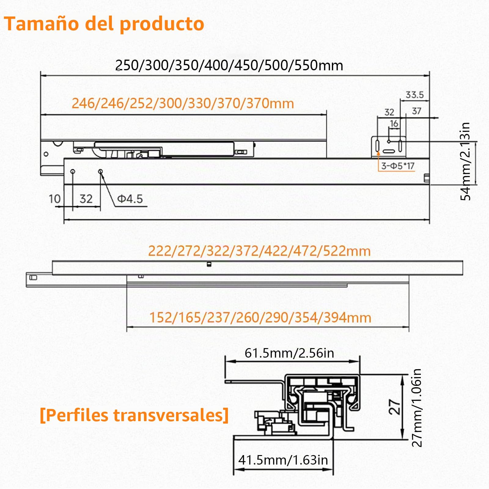 Guías de cajón de montaje inferior, guías de cajón de extracción total con capacidad de carga de 40 kg y amortiguación (55 cm (22 pulgadas))