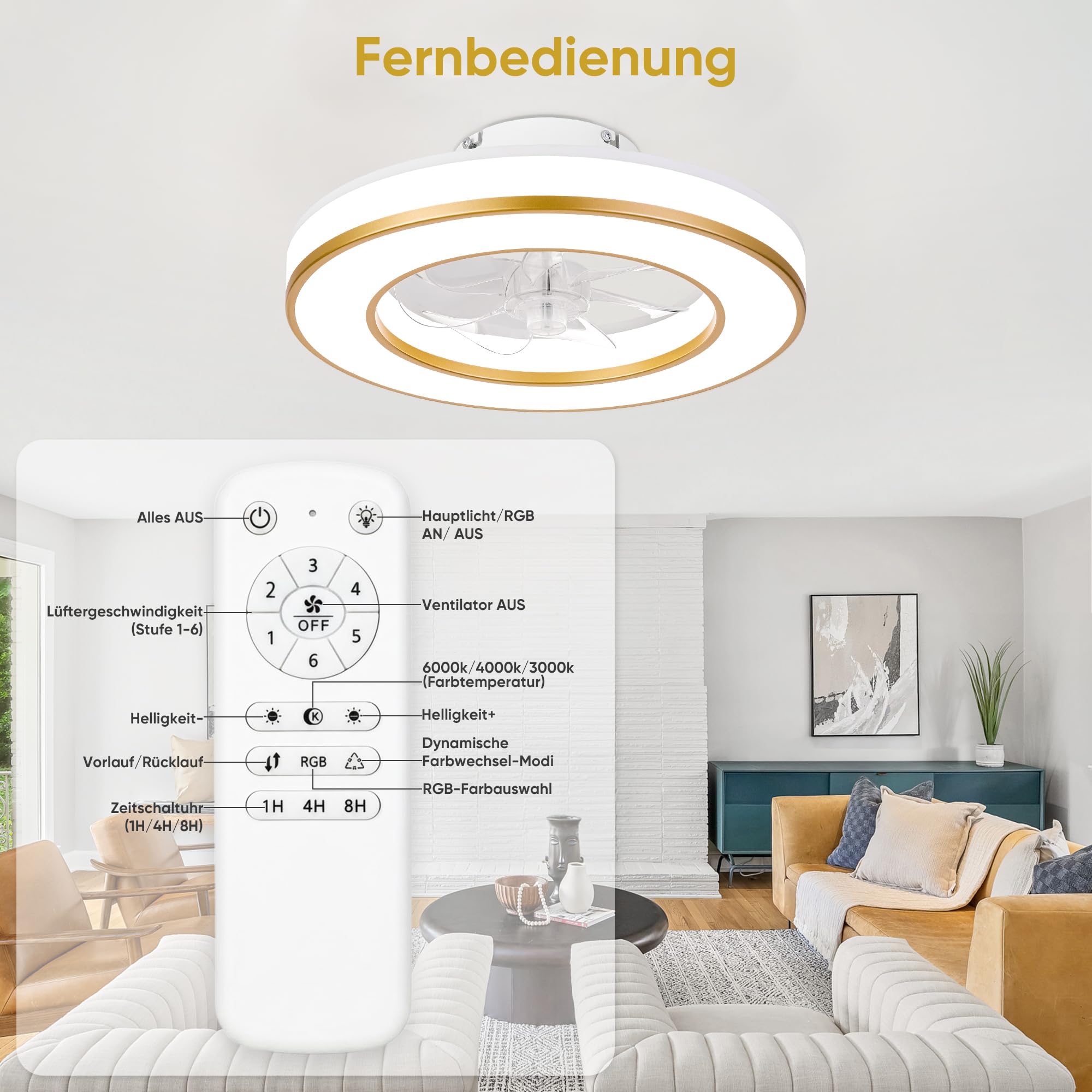 DOMANKI Deckenventilator mit Beleuchtung 42 cm RGB-Ambientelicht, Leiser DC-Motor, 6 Stufen Dimmbar, Sommer-/Wintermodus, Fernbedienung, Gold