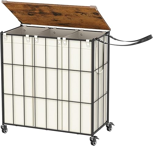 Snughome Cesta de lavandería con ruedas giratorias resistentes, cesta de ropa de 3 secciones con tapa de madera, cesta de lavandería con bolsa