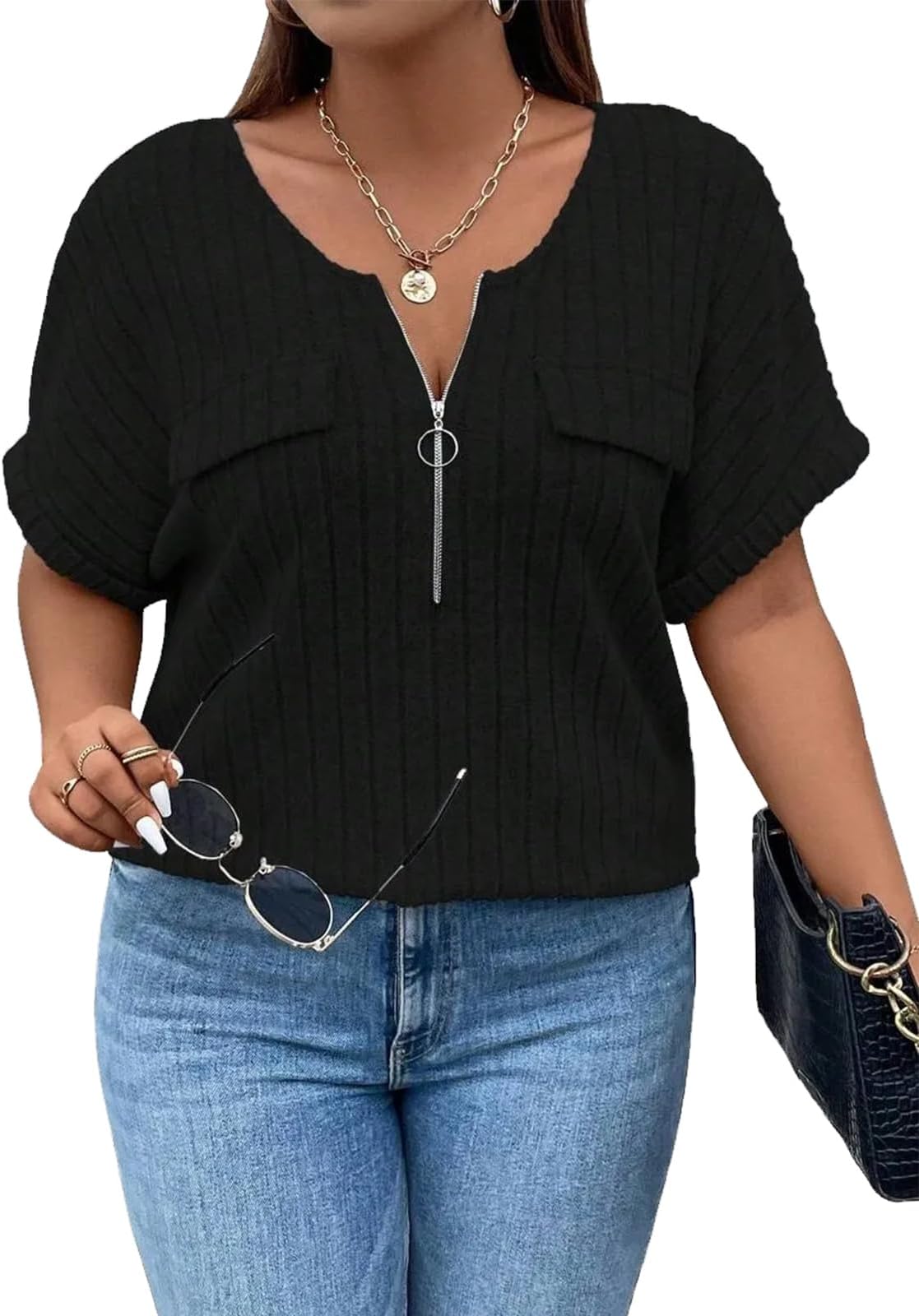 Plus Size Tops for Women V Neck Zipper T-Shirts Oversized Ladies Tops Ribbed Short Sleeve Tunic Top Loose Casual Lightweight Shirt Blouses XL-5XL