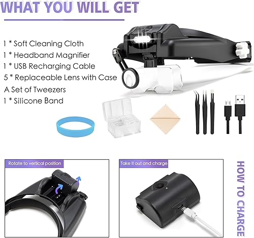 Miniatura 7 de COYLAPY Auriculares con lupa, lupa con luz para trabajo cercano, 1 a 14 veces recargable para la cabeza, visor optivizador de lupa Jewelers con 5