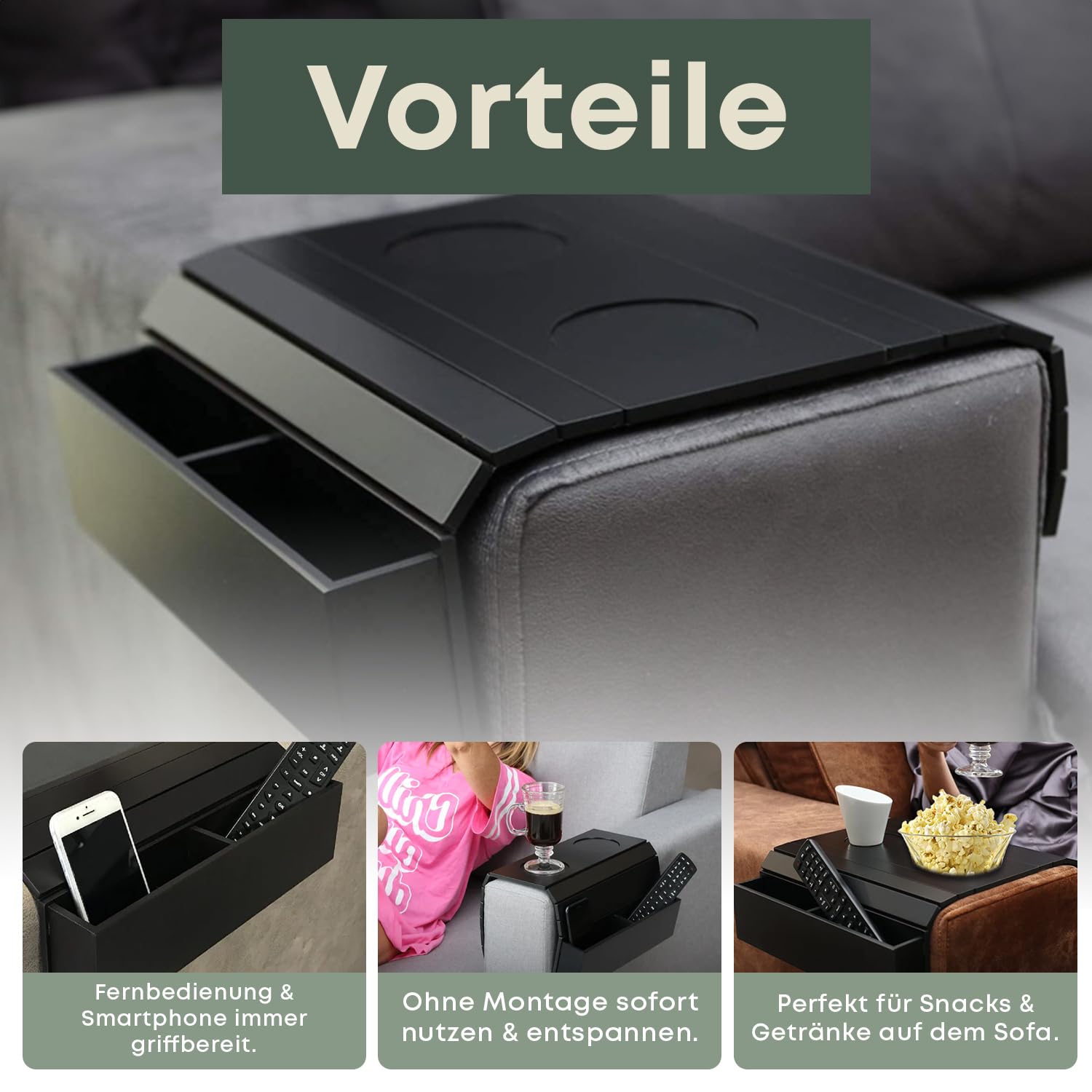 Sofatablett Holz für Armlehne mit Organizer Schwarz 32 x 50 cm