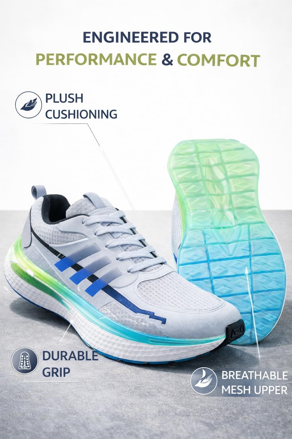 AUSTRICH Athletic Running Shoes, White with Black Stripes, Mesh and Synthetic Leather, Lightweight, Cushioned Sole, Lace-Up (Grey, UK Footwear Size System, Adult, Men, Numeric, Medium, 6) 1