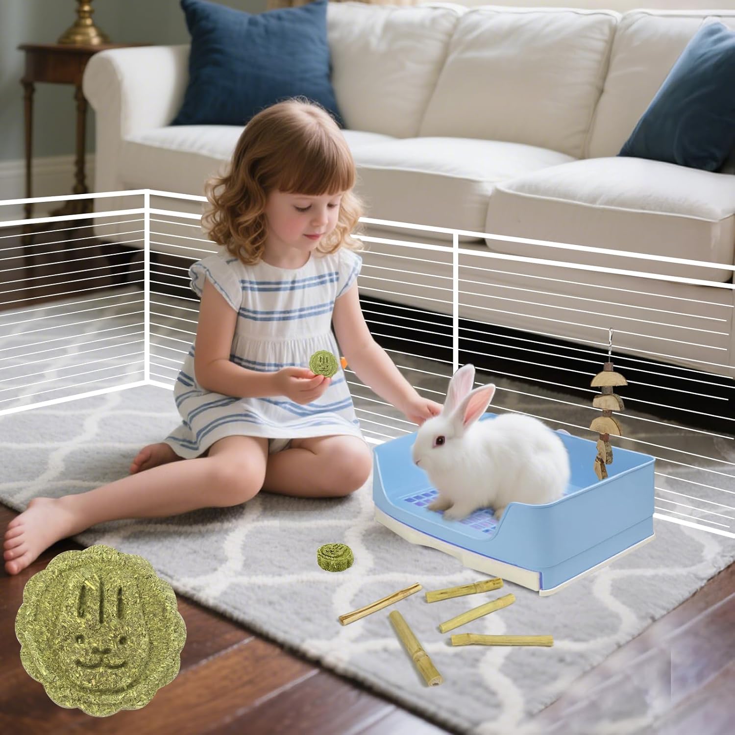 RUBYHOME Oversize Rabbit Litter Box with Drawer, Corner Toilet Box with Grate Potty Trainer, Bigger Pet Pan for Adult Guinea Pigs, Chinchilla, Ferret, Galesaur, Small Animals, 16.9 inch Long (Blue)