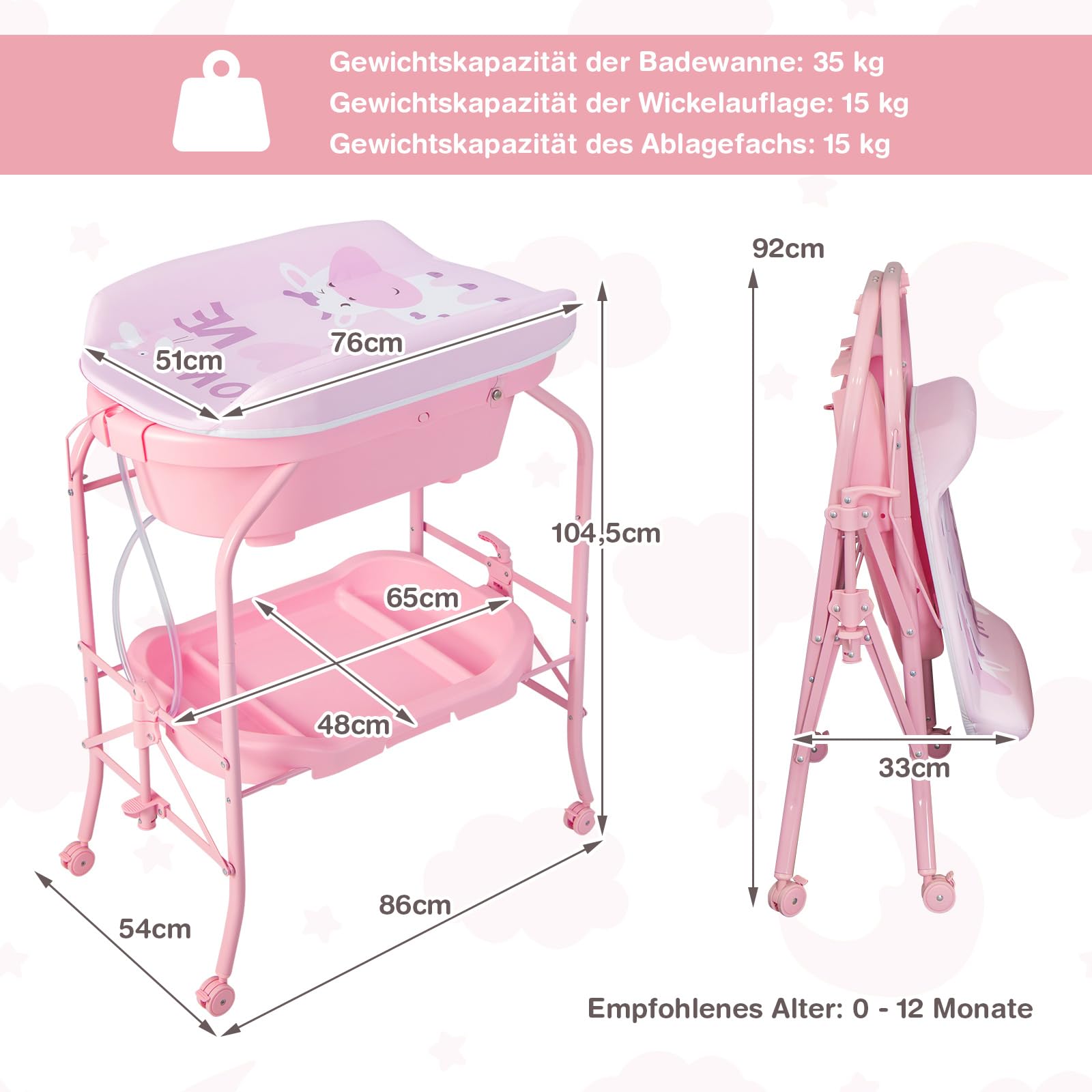 COSTWAY 4 in 1 Wickeltisch klappbar mit Badewanne, tragbare Wickelkommode mit Wickelauflage, mobile Wickelstation mit Universalrädern für 0-12 Monate Baby, bis 35 kg belastbar (Rosa)
