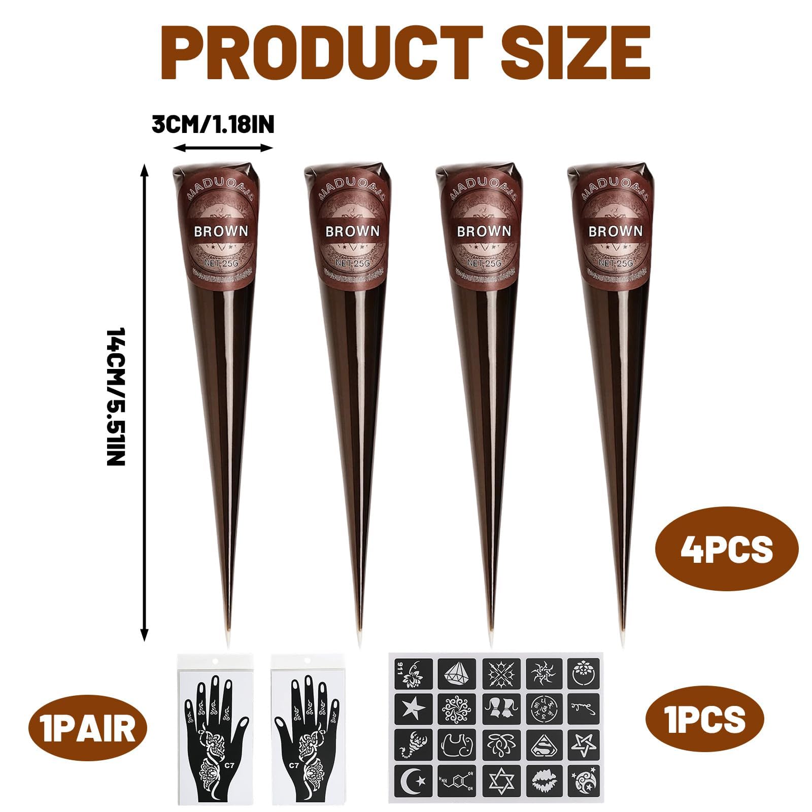 Henna Cones, 4-Piece Brown Henna Paste with 20 Stencils and Hand Templates, for Body Art Ready to Use for Festivals - Image 2